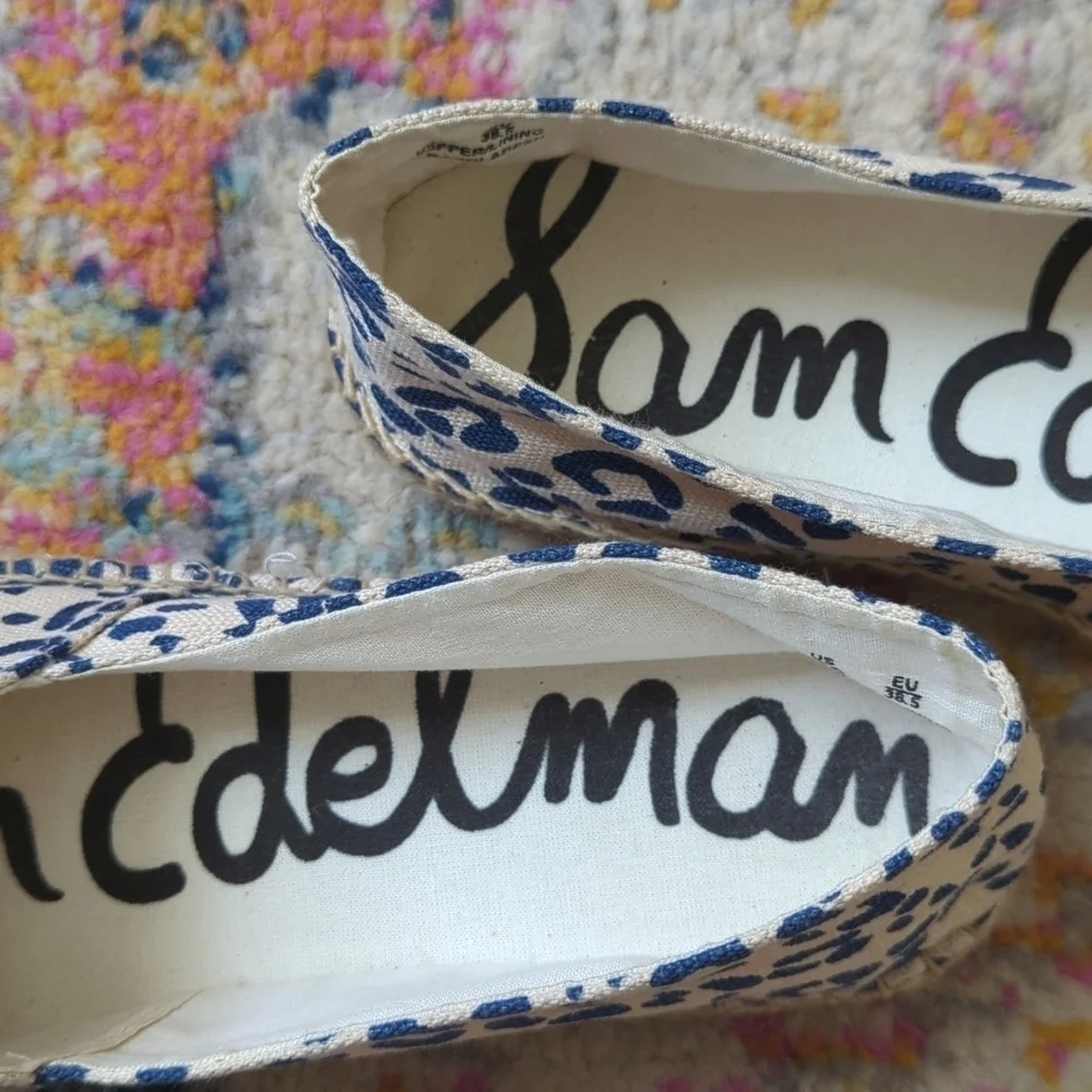Sam Edelman Verona Leopard Print Canvas Slip On Espadrille Flats Cream Navy 8.5